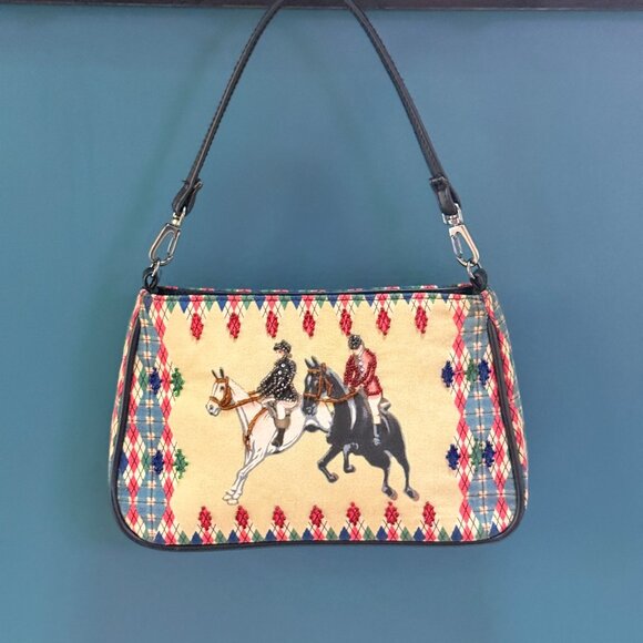 Paradox Vintage Beaded Equestrian Canvas Baguette Bag 90s/Y2K Argyle Purse - Picture 5 of 12